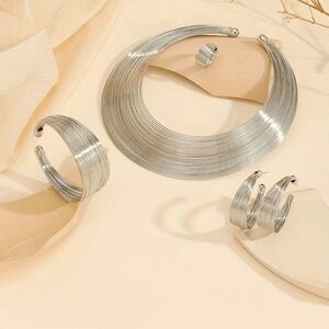 STERLING SILVER MULTI LAYER NECKLACE, CUFF BRACELET, EARRINGS, & RING SET